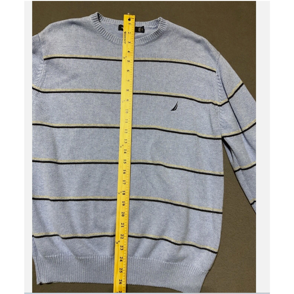 Nautica Sweater Mens Small Blue Striped Crew Neck Pullover Logo Knit Top
